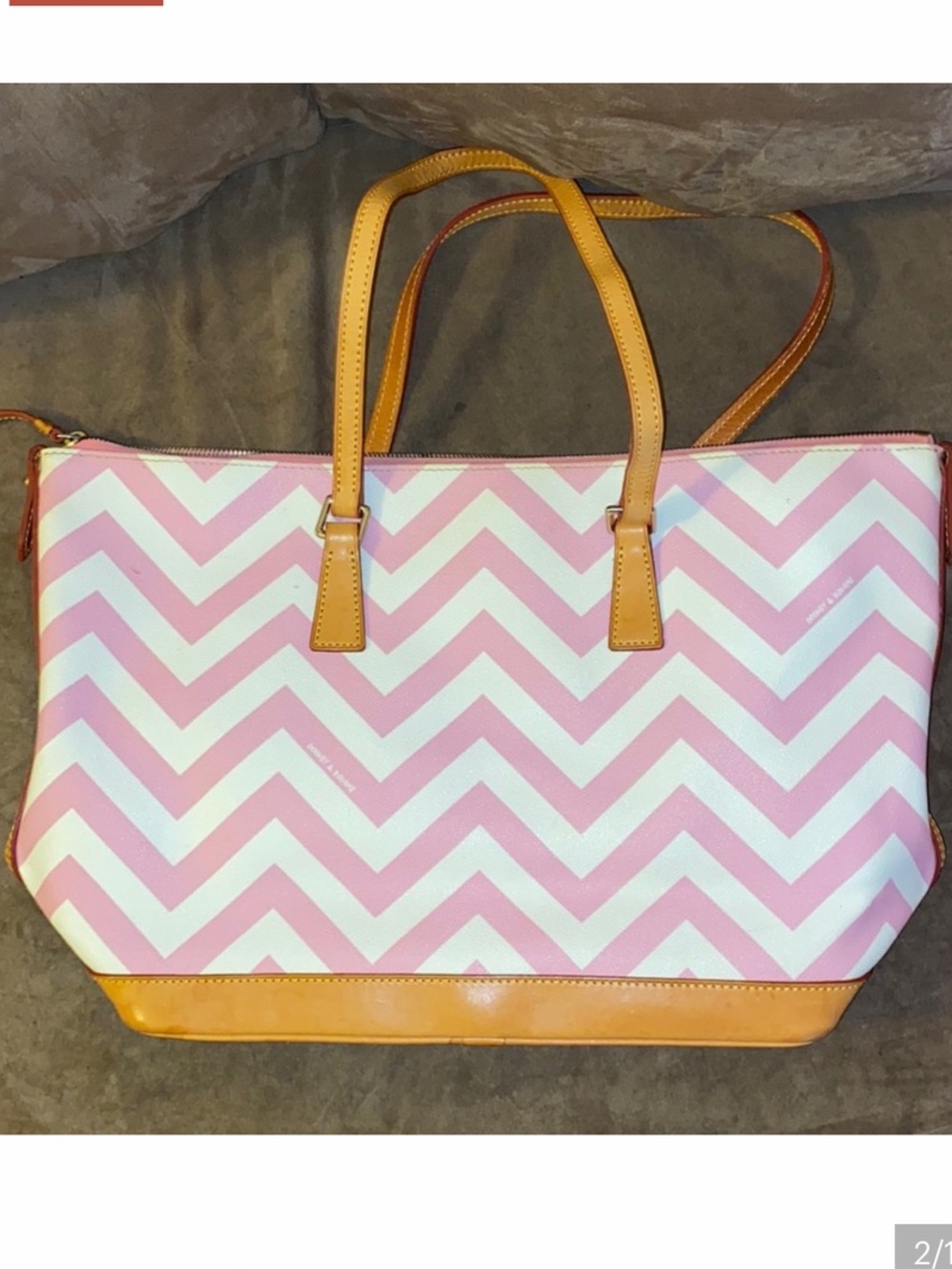 Dooney & Bourke Pink and White Chevron Tote with Tan Trim - Picture 2 of 7
